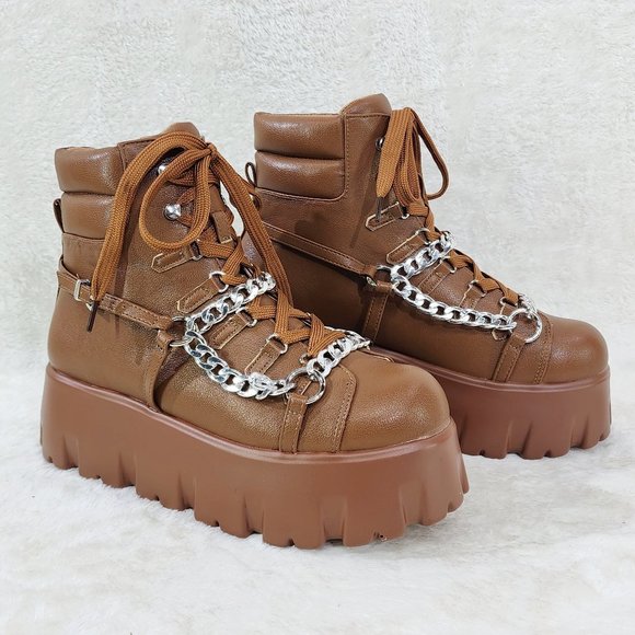 Emo Stomp 2" Platform Stomper Ankle Boots With Chain Design Tan Brown - Picture 1 of 13